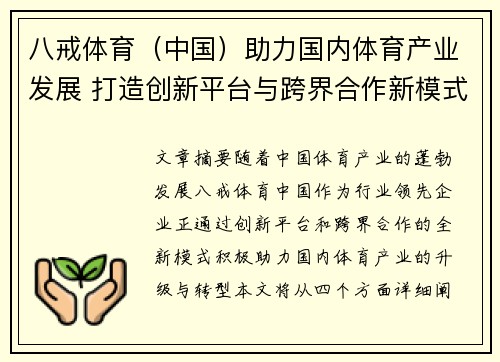 八戒体育（中国）助力国内体育产业发展 打造创新平台与跨界合作新模式