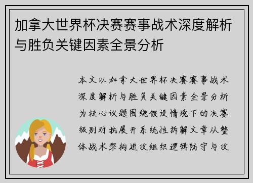 加拿大世界杯决赛赛事战术深度解析与胜负关键因素全景分析